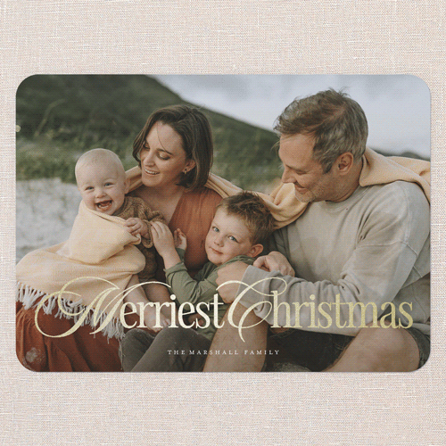 Classic Luxe Holiday Card, White, Gold Foil, 5x7 Flat, Christmas, Pearl Shimmer Cardstock, Rounded, White