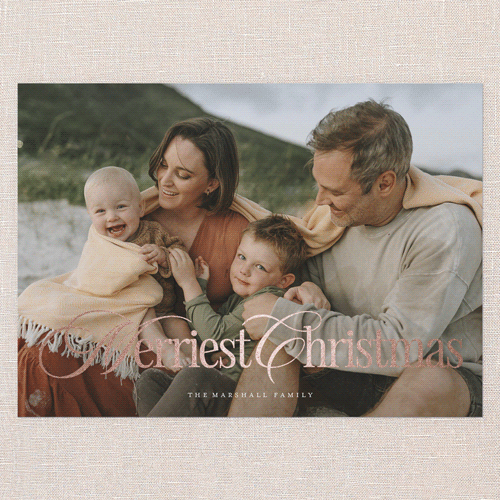 Classic Luxe Holiday Card, White, Rose Gold Foil, 5x7 Flat, Christmas, Pearl Shimmer Cardstock, Square