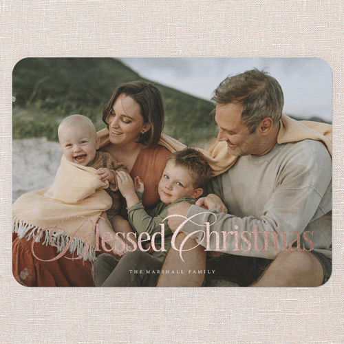 Classic Luxe Holiday Card, White, Rose Gold Foil, 5x7 Flat, Religious, Pearl Shimmer Cardstock, Rounded, White