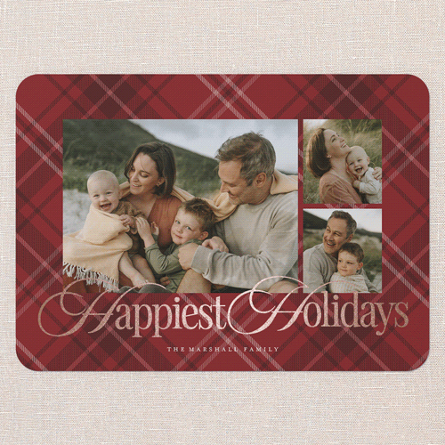 Classic Plaid Shine Holiday Card, Red, Rose Gold Foil, 5x7 Flat, Holiday, Pearl Shimmer Cardstock, Rounded, Red