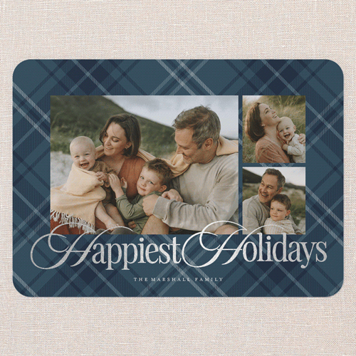 Classic Plaid Shine Holiday Card, Blue, Silver Foil, 5x7 Flat, Holiday, Matte, Signature Smooth Cardstock, Rounded, Blue