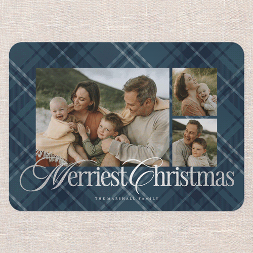 Classic Plaid Shine Holiday Card, Blue, Silver Foil, 5x7 Flat, Christmas, Pearl Shimmer Cardstock, Rounded, Blue