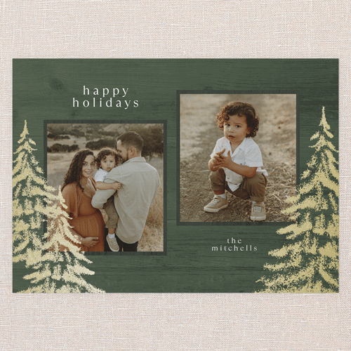 Luminous Woods Holiday Card, Gold Foil, Green, 5x7 Flat, Write Your Own, Pearl Shimmer Cardstock, Square