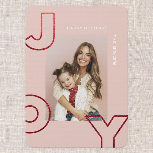 Modern Joyful Cheer Holiday Card, Pink, Red Foil, 5x7 Flat, Write Your Own, Pearl Shimmer Cardstock, Rounded