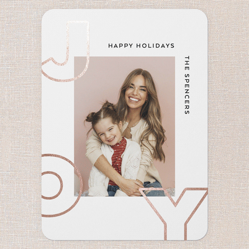 Modern Joyful Cheer Holiday Card, Pink, Rose Gold Foil, 5x7 Flat, Write Your Own, Pearl Shimmer Cardstock, Rounded, Blush