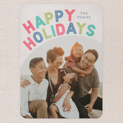 Groovy Greetings Holiday Card, Pink, 5x7 Flat, Holiday, Pearl Shimmer Cardstock, Rounded, Flamingo