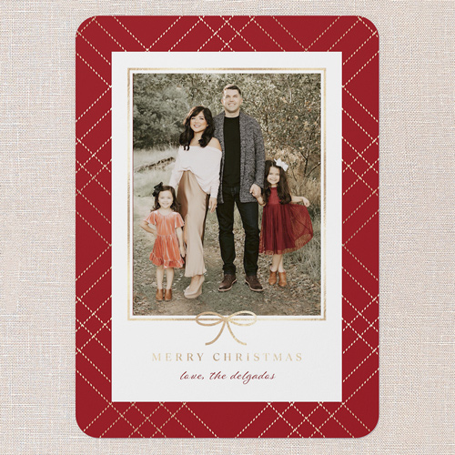 Refined Ribbon Holiday Card, Red, 5x7 Flat, Christmas, Pearl Shimmer Cardstock, Rounded