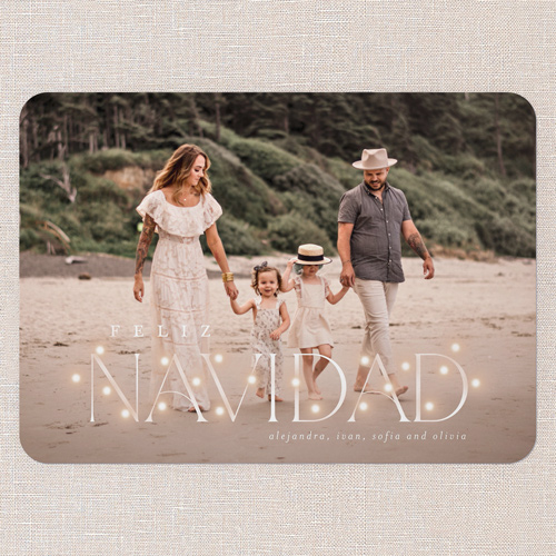 Shimmering Holiday String Holiday Card, White, 5x7 Flat, Feliz Navidad, 100% Recycled Cardstock , Rounded, White