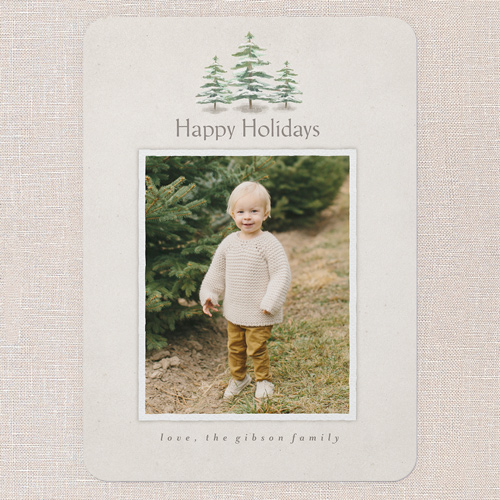 Snowcapped Trees Holiday Card, White, 5x7 Flat, Holiday, Pearl Shimmer Cardstock, Rounded, Almond