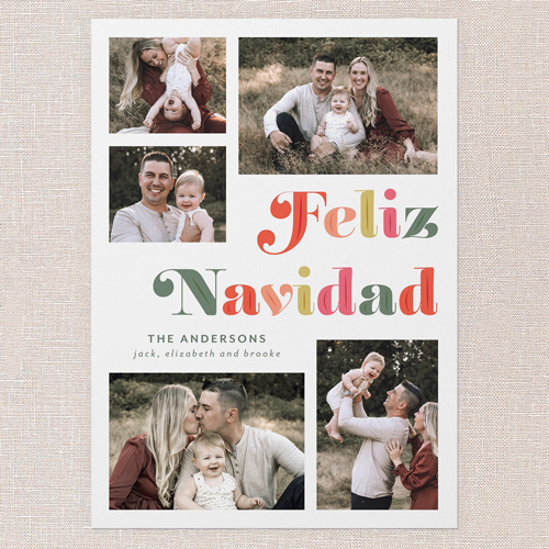 Cheerful Holiday Charm Holiday Card, White, 5x7 Flat, Feliz Navidad, 100% Recycled Cardstock , Square, White