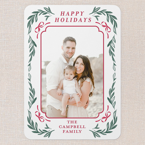 Floral Bow Border Holiday Card, White, 5x7 Flat, Write Your Own, 100% Recycled Cardstock , Rounded, White