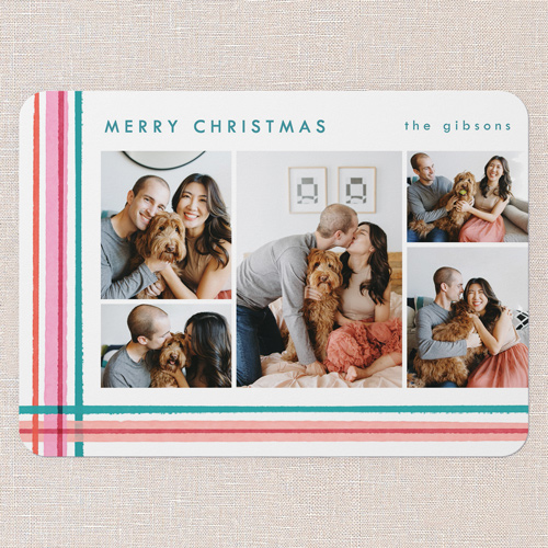 Overlapping Plaid Holiday Card, Pink, 5x7 Flat, Write Your Own, Pearl Shimmer Cardstock, Rounded