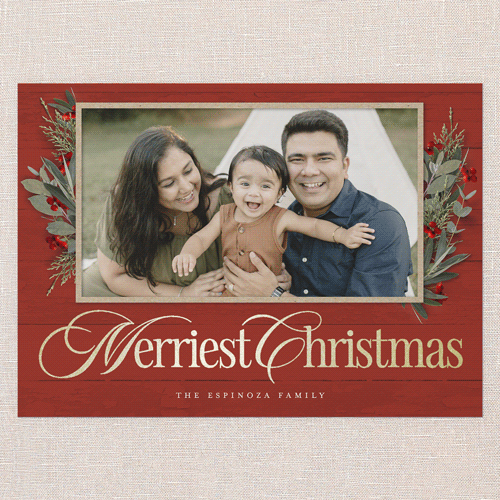 Fancy Florals Holiday Card, Red, Gold Foil, 5x7 Flat, Christmas, Pearl Shimmer Cardstock, Square, Red