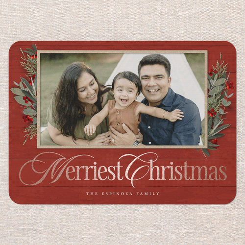 Fancy Florals Holiday Card, Red, Rose Gold Foil, 5x7 Flat, Christmas, Pearl Shimmer Cardstock, Rounded, Red