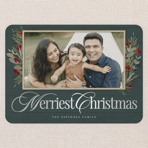 Fancy Florals Holiday Card, Silver Foil, Green, 5x7 Flat, Christmas, Pearl Shimmer Cardstock, Rounded, Seaweed