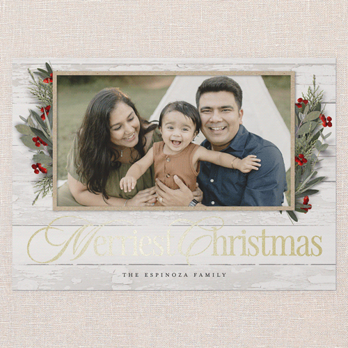 Fancy Florals Holiday Card, Gold Foil, White, 5x7 Flat, Christmas, Pearl Shimmer Cardstock, Square, White