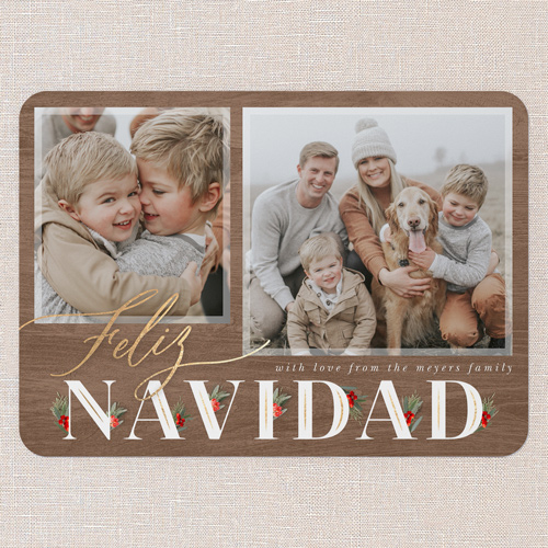 Hints Of Holly Holiday Card, Brown, 5x7 Flat, Feliz Navidad, Pearl Shimmer Cardstock, Rounded