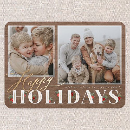 Hints Of Holly Holiday Card, Brown, 5x7 Flat, Holiday, 100% Recycled Cardstock , Rounded, Brown