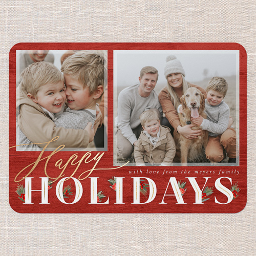 Hints Of Holly Holiday Card, Red, 5x7 Flat, Holiday, Standard Smooth Cardstock, Rounded, Red