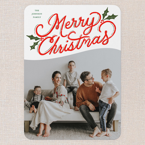 Vibrant Holly Greetings Holiday Card, White, 5x7 Flat, Christmas, Pearl Shimmer Cardstock, Rounded, White