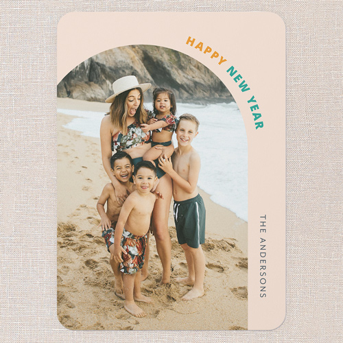 Festive Arch Holiday Card, Beige, 5x7 Flat, New Year, 100% Recycled Cardstock , Rounded, Cashmere Pink