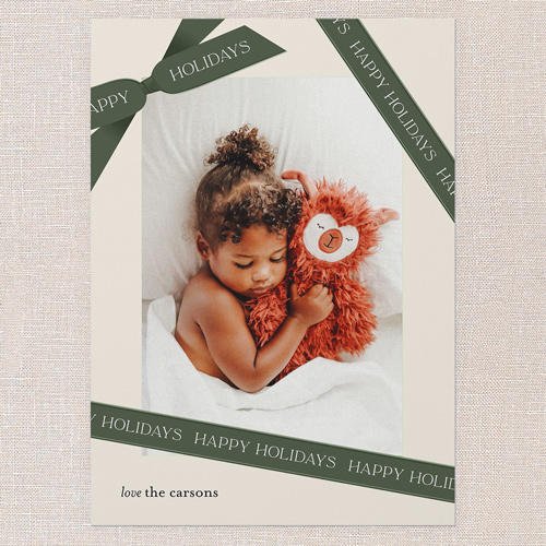 Ribbon Wrapped Holiday Card, Green, 5x7 Flat, Holiday, Luxe Double-Thick Cardstock, Square, Evergreen