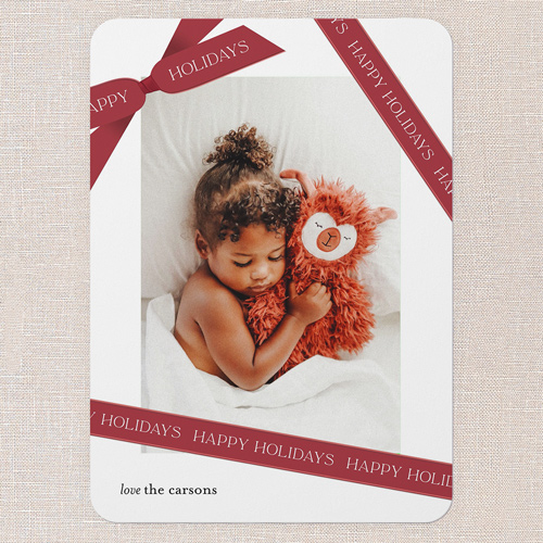 Ribbon Wrapped Holiday Card, Red, 5x7 Flat, Holiday, 100% Recycled Cardstock , Rounded, Holiday