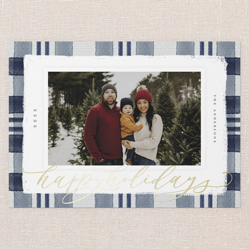 Signed Plaid Holiday Card, Blue, Gold Foil, 5x7 Flat, Holiday, Matte, Signature Smooth Cardstock, Square, Nautical