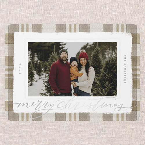 Signed Plaid Holiday Card, Brown, Silver Foil, 5x7 Flat, Christmas, Matte, Signature Smooth Cardstock, Rounded, Dust Bunny