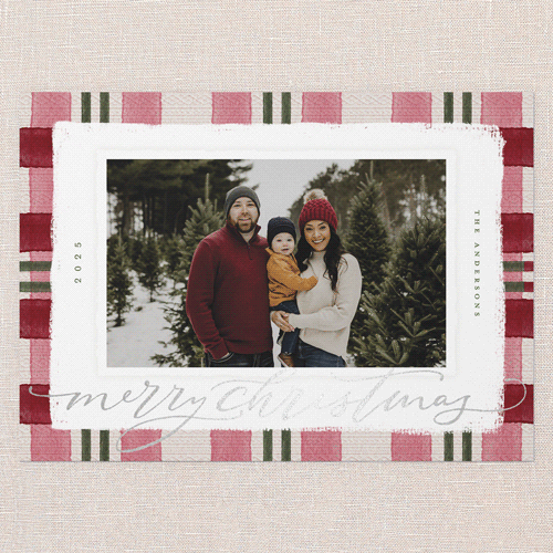 Signed Plaid Holiday Card, Red, Silver Foil, 5x7 Flat, Christmas, Pearl Shimmer Cardstock, Square, Holiday