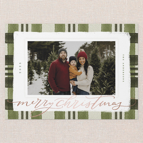 Signed Plaid Holiday Card, Green, Rose Gold Foil, 5x7 Flat, Christmas, Pearl Shimmer Cardstock, Square, Bark