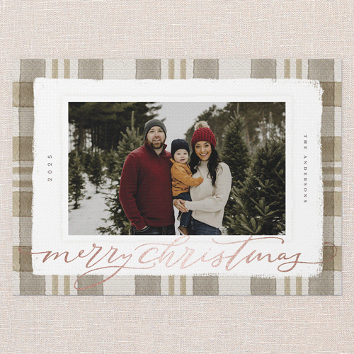 Signed Plaid Holiday Card, Brown, Rose Gold Foil, 5x7 Flat, Christmas, Pearl Shimmer Cardstock, Square, Dust Bunny