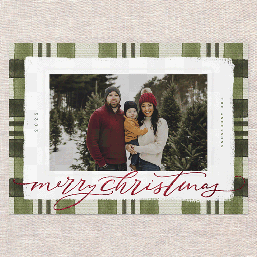 Signed Plaid Holiday Card, Green, Red Foil, 5x7 Flat, Christmas, Pearl Shimmer Cardstock, Square, Bark