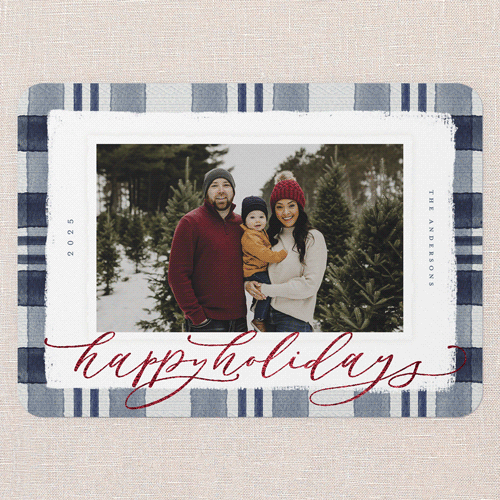 Signed Plaid Holiday Card, Blue, Red Foil, 5x7 Flat, Holiday, Pearl Shimmer Cardstock, Rounded, Nautical