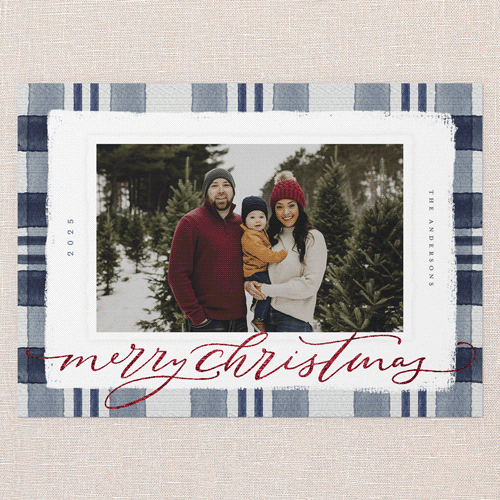 Signed Plaid Holiday Card, Blue, Red Foil, 5x7 Flat, Christmas, Pearl Shimmer Cardstock, Square, Nautical