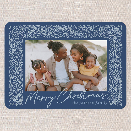 Sketched Botanicals Holiday Card, Blue, 5x7 Flat, Christmas, Pearl Shimmer Cardstock, Rounded, Cobalt