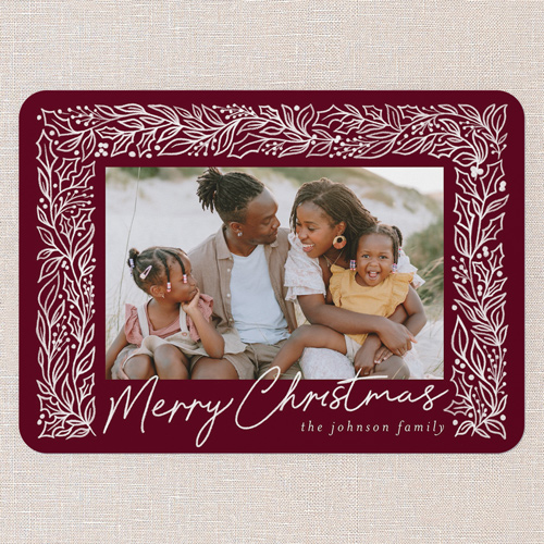 Sketched Botanicals Holiday Card, Red, 5x7 Flat, Christmas, Pearl Shimmer Cardstock, Rounded, Velvet