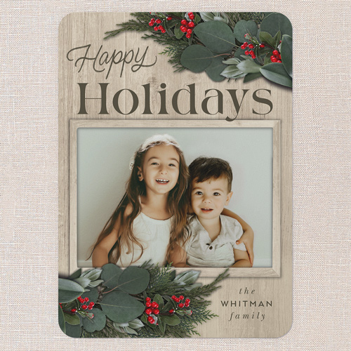 Framed Evergreen Holiday Card, Beige, 5x7 Flat, Holiday, Pearl Shimmer Cardstock, Rounded, Beige