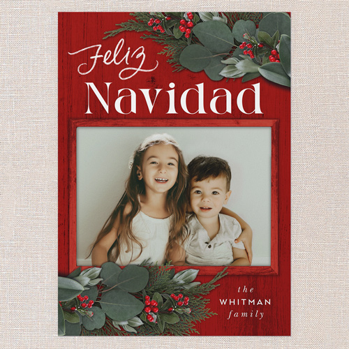 Framed Evergreen Holiday Card, Red, 5x7 Flat, Feliz Navidad, 100% Recycled Cardstock , Square, Radish