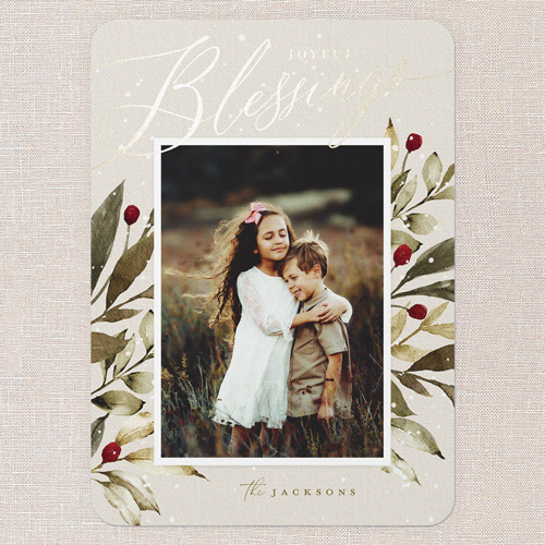 Baroque Berries Holiday Card, Grey, Gold Foil, 5x7 Flat, Religious, Matte, Signature Smooth Cardstock, Rounded, Whisper Gray