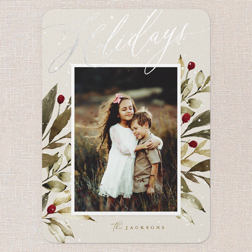 Baroque Berries Holiday Card, Grey, Silver Foil, 5x7 Flat, Holiday, Pearl Shimmer Cardstock, Rounded, Whisper Gray