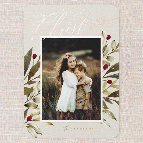 Baroque Berries Holiday Card, Grey, Rose Gold Foil, 5x7 Flat, Christmas, Pearl Shimmer Cardstock, Rounded, Whisper Gray