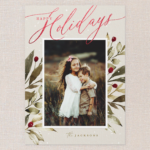 Baroque Berries Holiday Card, Grey, Red Foil, 5x7 Flat, Holiday, Luxe Double-Thick Cardstock, Square, Whisper Gray