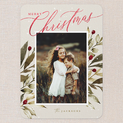 Baroque Berries Holiday Card, Grey, Red Foil, 5x7 Flat, Christmas, Pearl Shimmer Cardstock, Rounded, Whisper Gray