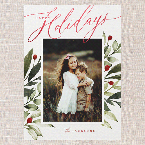 Baroque Berries Holiday Card, White, Red Foil, 5x7 Flat, Holiday, Pearl Shimmer Cardstock, Square, White