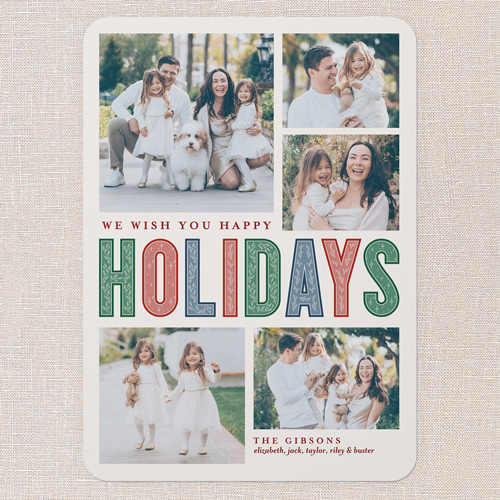 Pattern Type Holiday Card, White, 5x7 Flat, Holiday, Pearl Shimmer Cardstock, Rounded, Almond