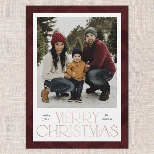 Plaid Stamp Holiday Card, Red, Rose Gold Foil, 5x7 Flat, Christmas, Luxe Double-Thick Cardstock, Square, Red