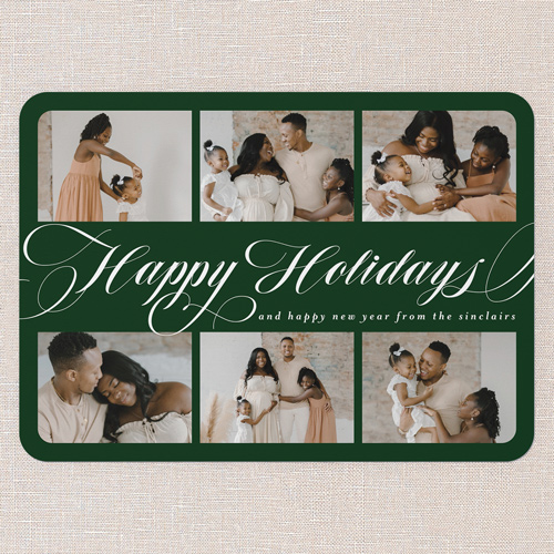 Flourished Sentiment Holiday Card, Green, none, 5x7 Flat, Holiday, Pearl Shimmer Cardstock, Rounded, Green