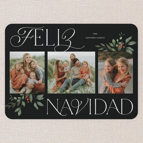 Hint Of Green Holiday Card, Black, none, 5x7 Flat, Feliz Navidad, 100% Recycled Cardstock , Rounded, Rich Black