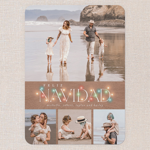 Rustic Bulbs Holiday Card, Brown, 5x7 Flat, Feliz Navidad, Pearl Shimmer Cardstock, Rounded, Clove